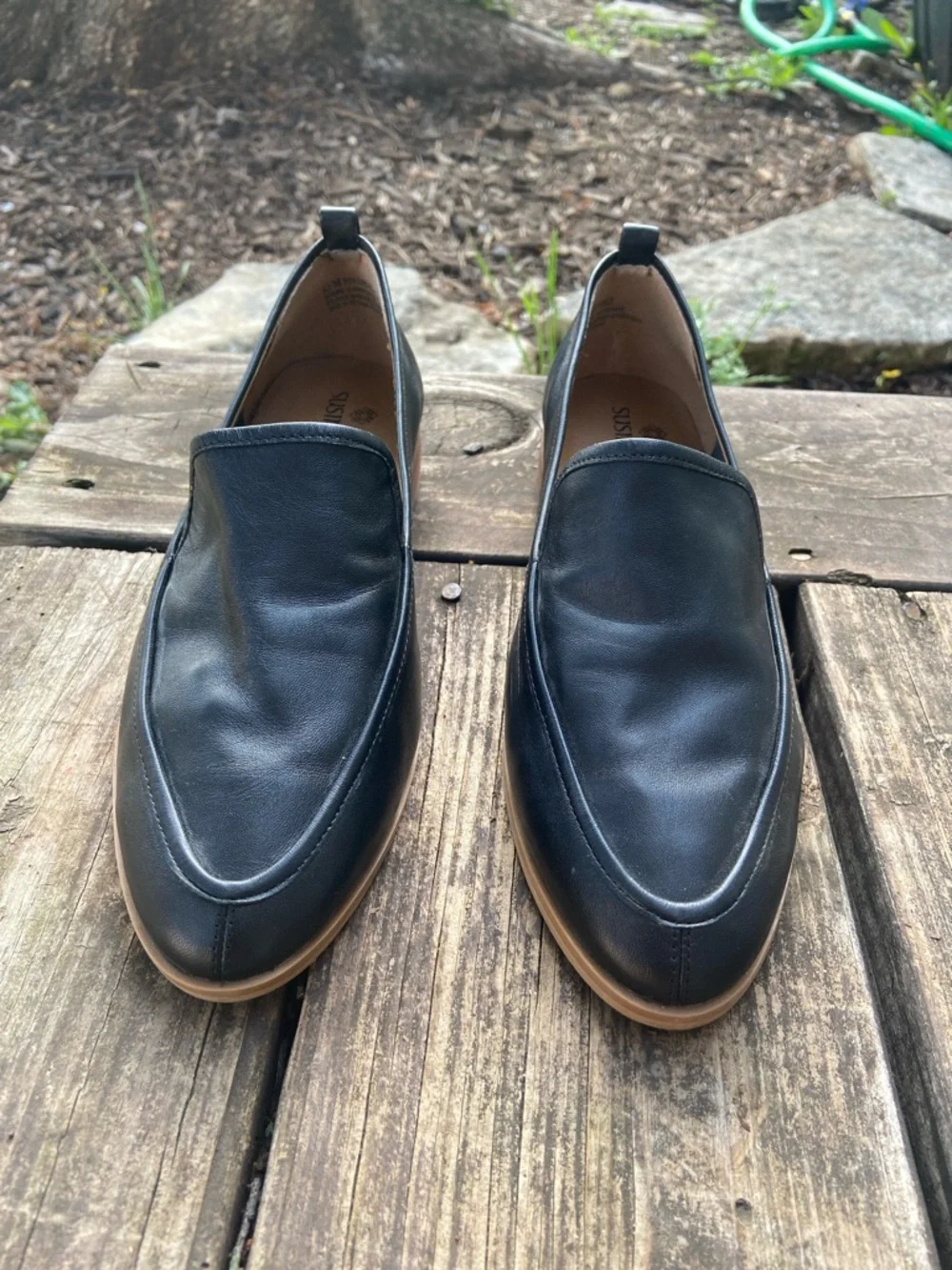 Susina Black Leather Slip-On Loafers with Tan Sole